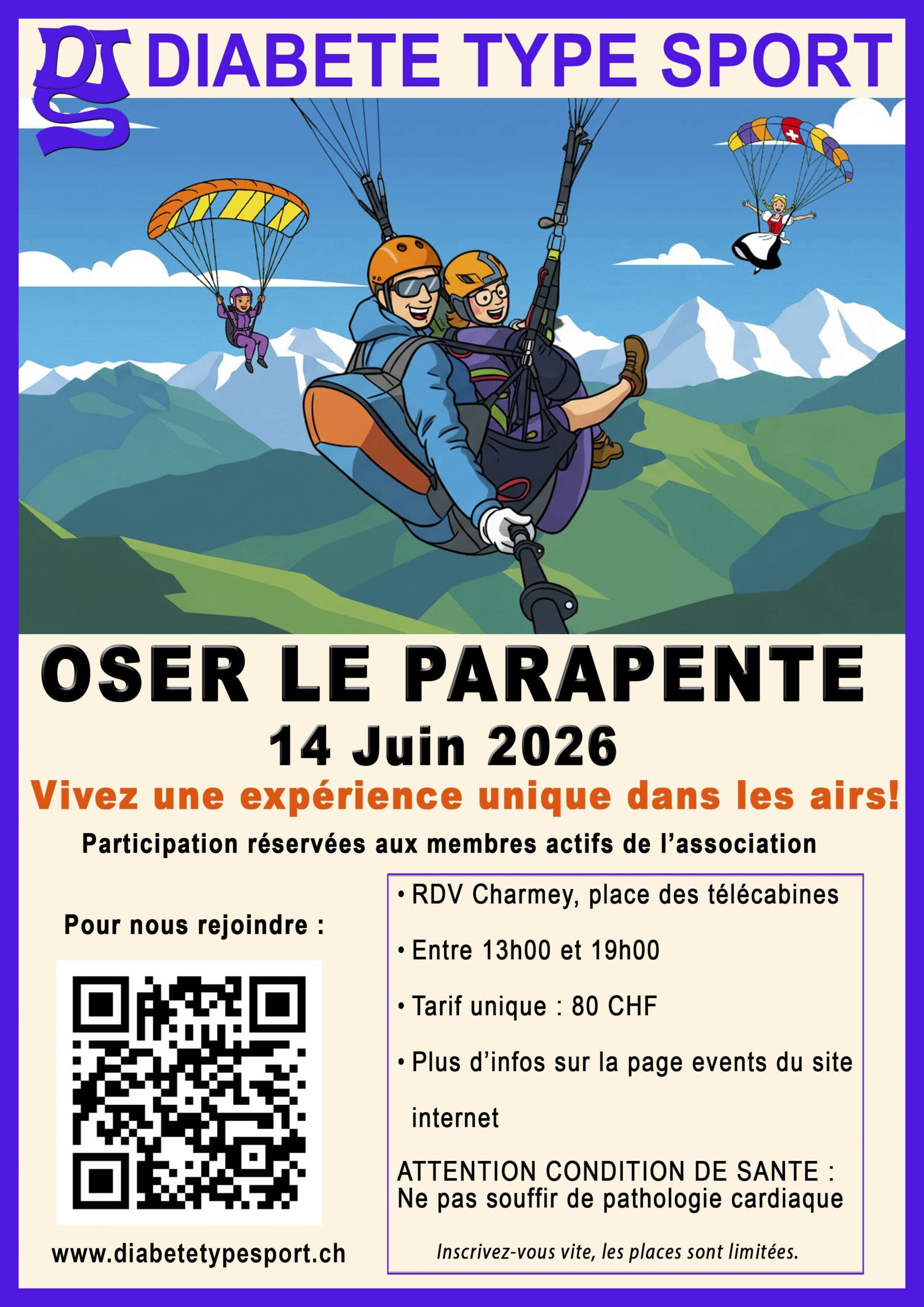 Oser le parapente à Charmey avec l'association Diabète Type Sport le 14 juin 2026, inscription nécessaire, places limitées